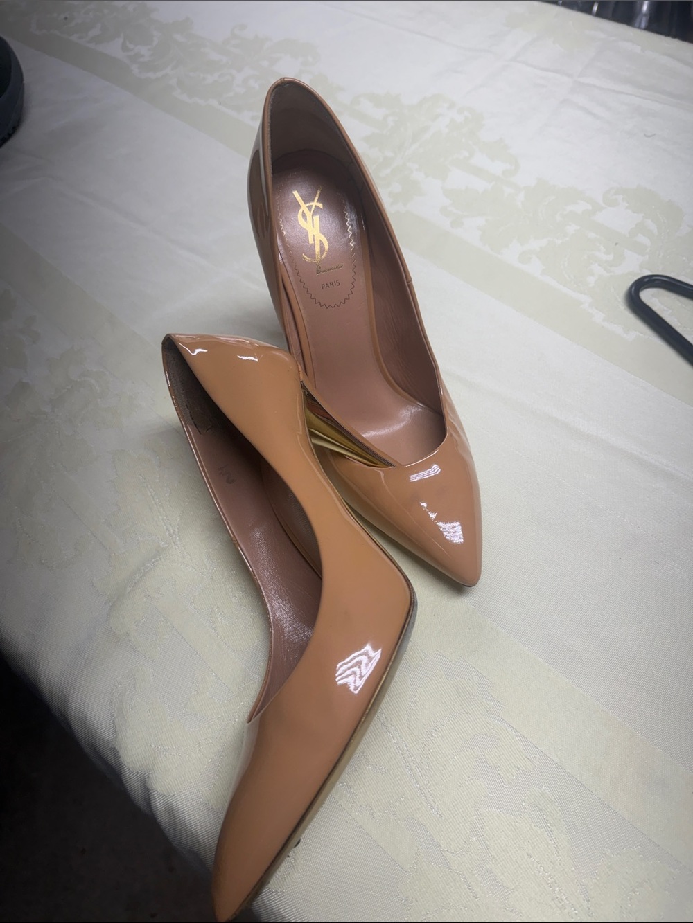 Yves Saint Laurent Patent Camel/Nude Pointed-Toe Pumps